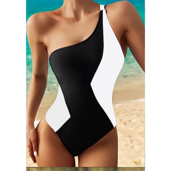 Womens One Piece Swimsuit Color Block One Shoulder BlackWhite Bathing Suit Large - Picture 1 of 9